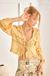 JACQUARD BLOUSE WITH RUFFLES AND LACE - YELLOW