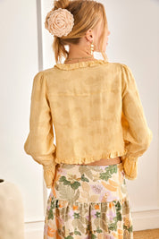 JACQUARD BLOUSE WITH RUFFLES AND LACE - YELLOW