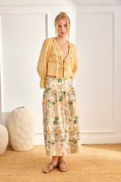 JACQUARD BLOUSE WITH RUFFLES AND LACE - YELLOW