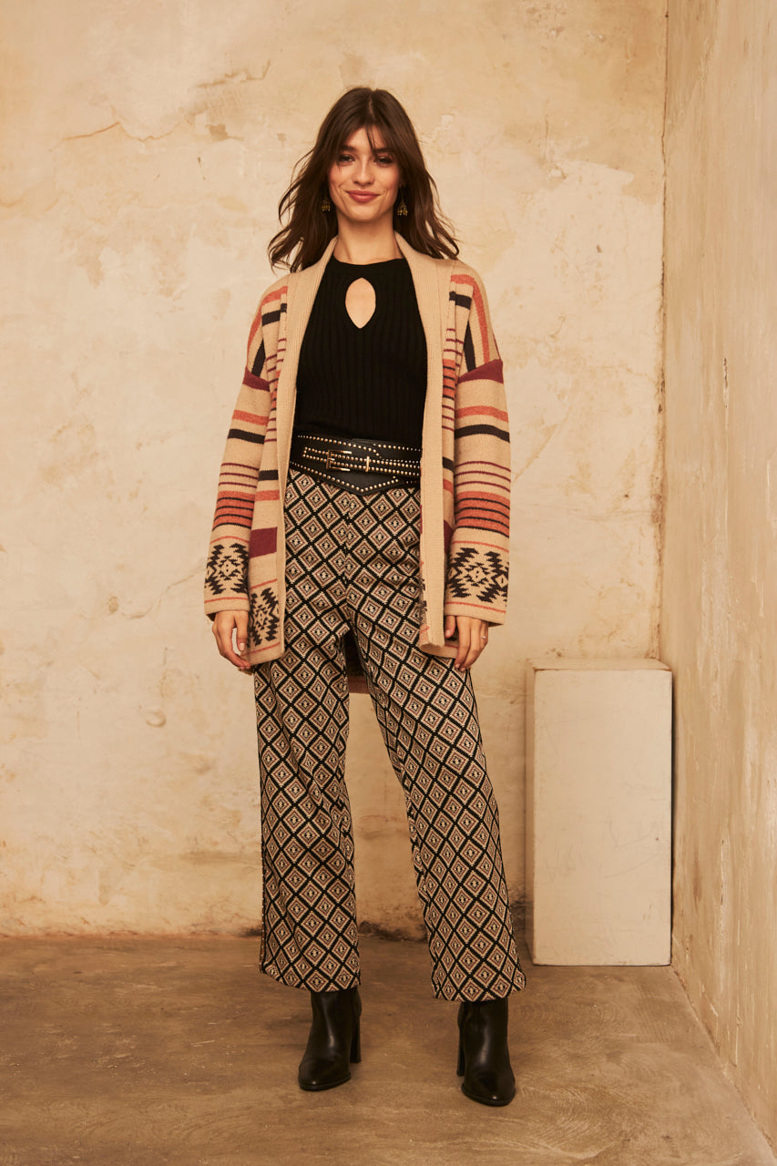 Straight-cut jacquard trousers with studs - black