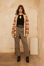 Straight-cut jacquard trousers with studs - black