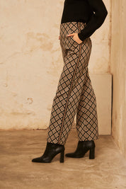 Straight-cut jacquard trousers with studs - black