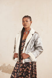 METALLIC JACKET WITH EMBROIDERED SHEEPSKIN INTERIOR - SILVER