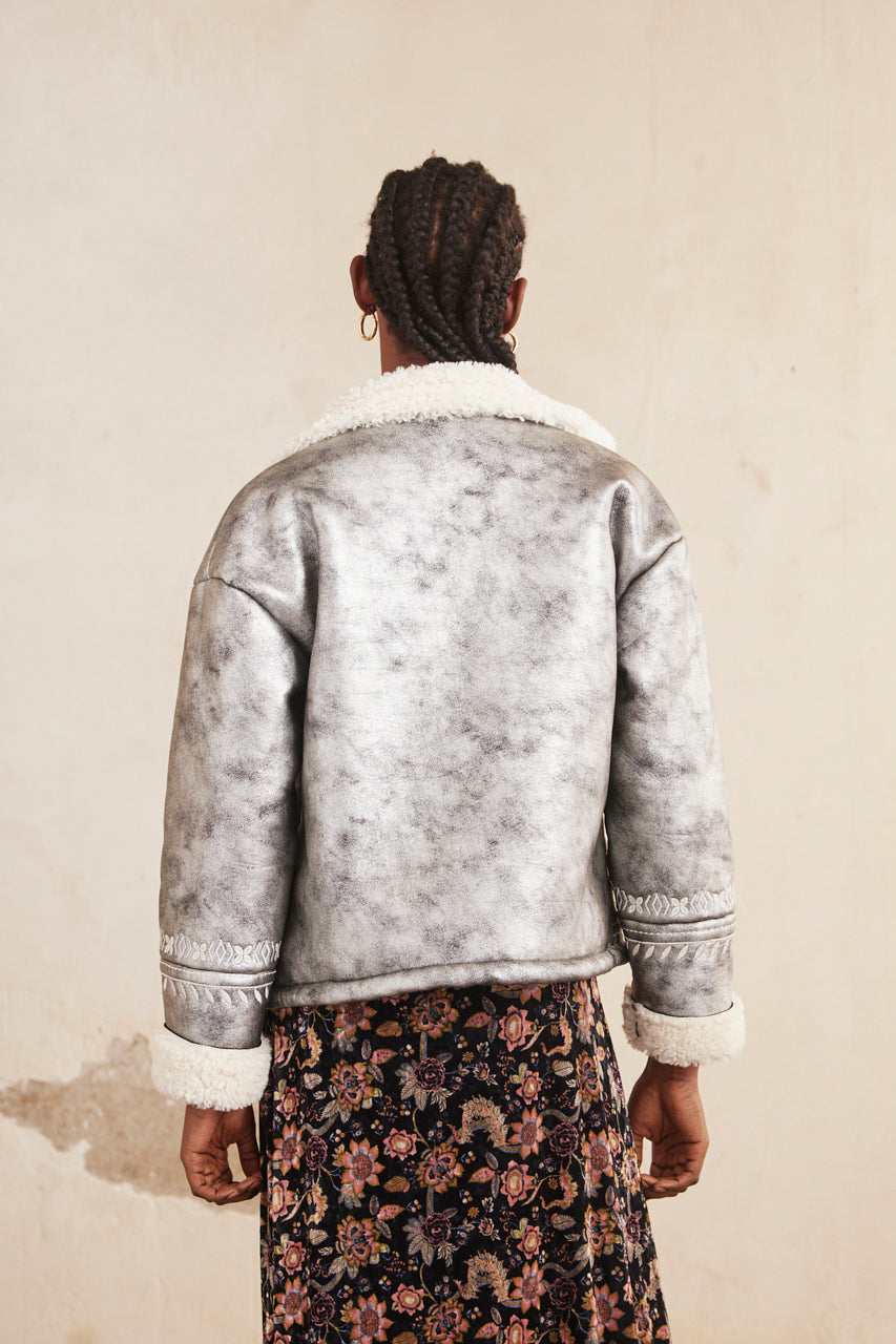 METALLIC JACKET WITH EMBROIDERED SHEEPSKIN INTERIOR - SILVER