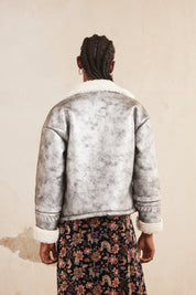 METALLIC JACKET WITH EMBROIDERED SHEEPSKIN INTERIOR - SILVER