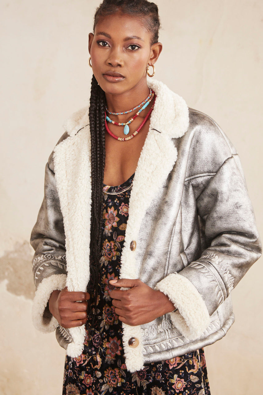 METALLIC JACKET WITH EMBROIDERED SHEEPSKIN INTERIOR - SILVER