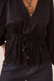 BLUSA JACQUARD CINTURA AJUSTABLE NEGRO - BLACK