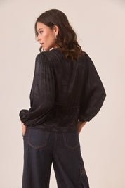 BLUSA JACQUARD CINTURA AJUSTABLE NEGRO - BLACK