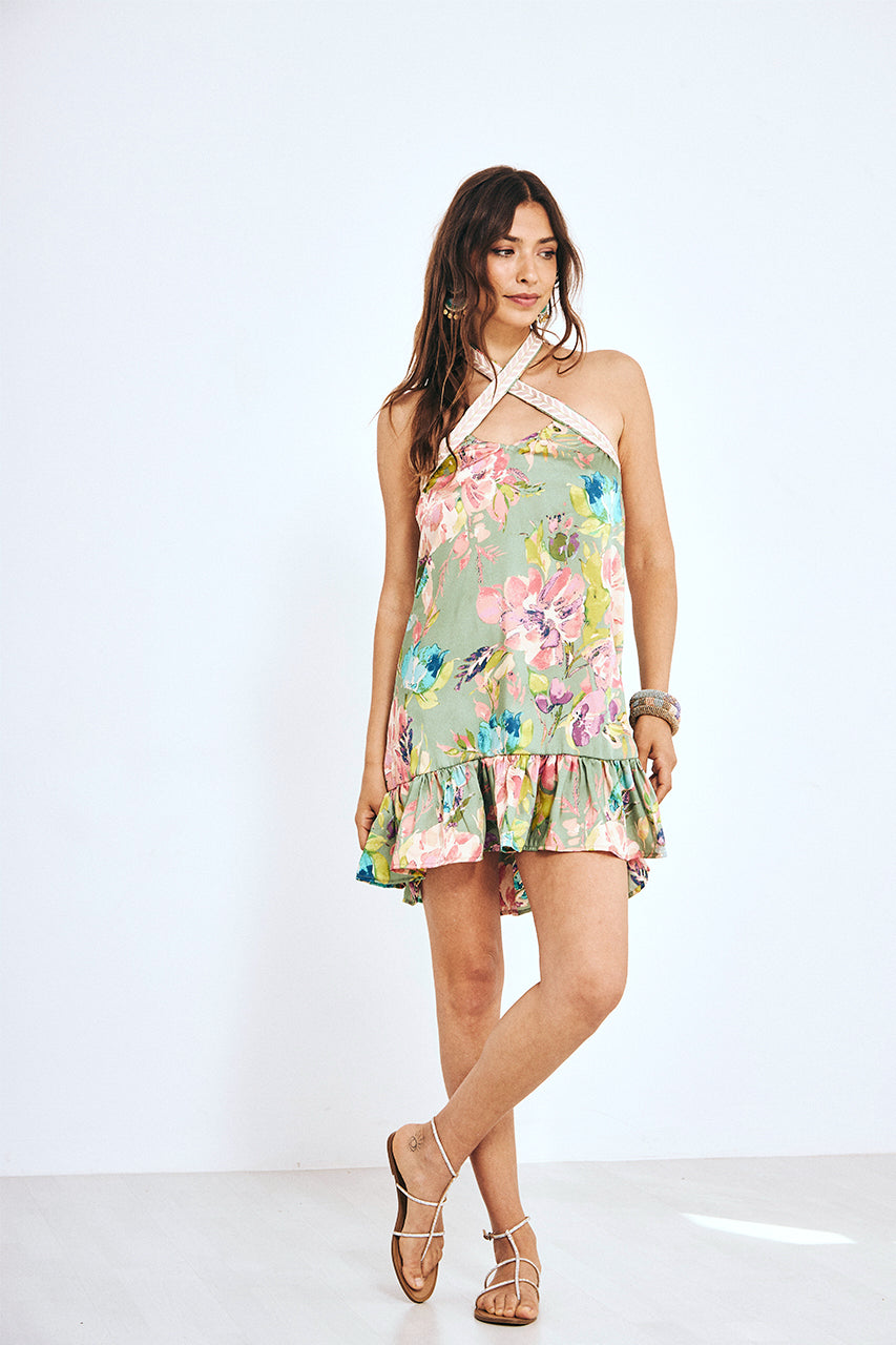 VESTIDO HALTER CORTO ESTAMPADO - VERDE