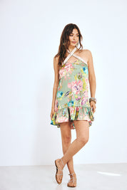 VESTIDO HALTER CORTO ESTAMPADO - VERDE