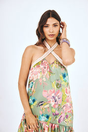 VESTIDO HALTER CORTO ESTAMPADO - VERDE