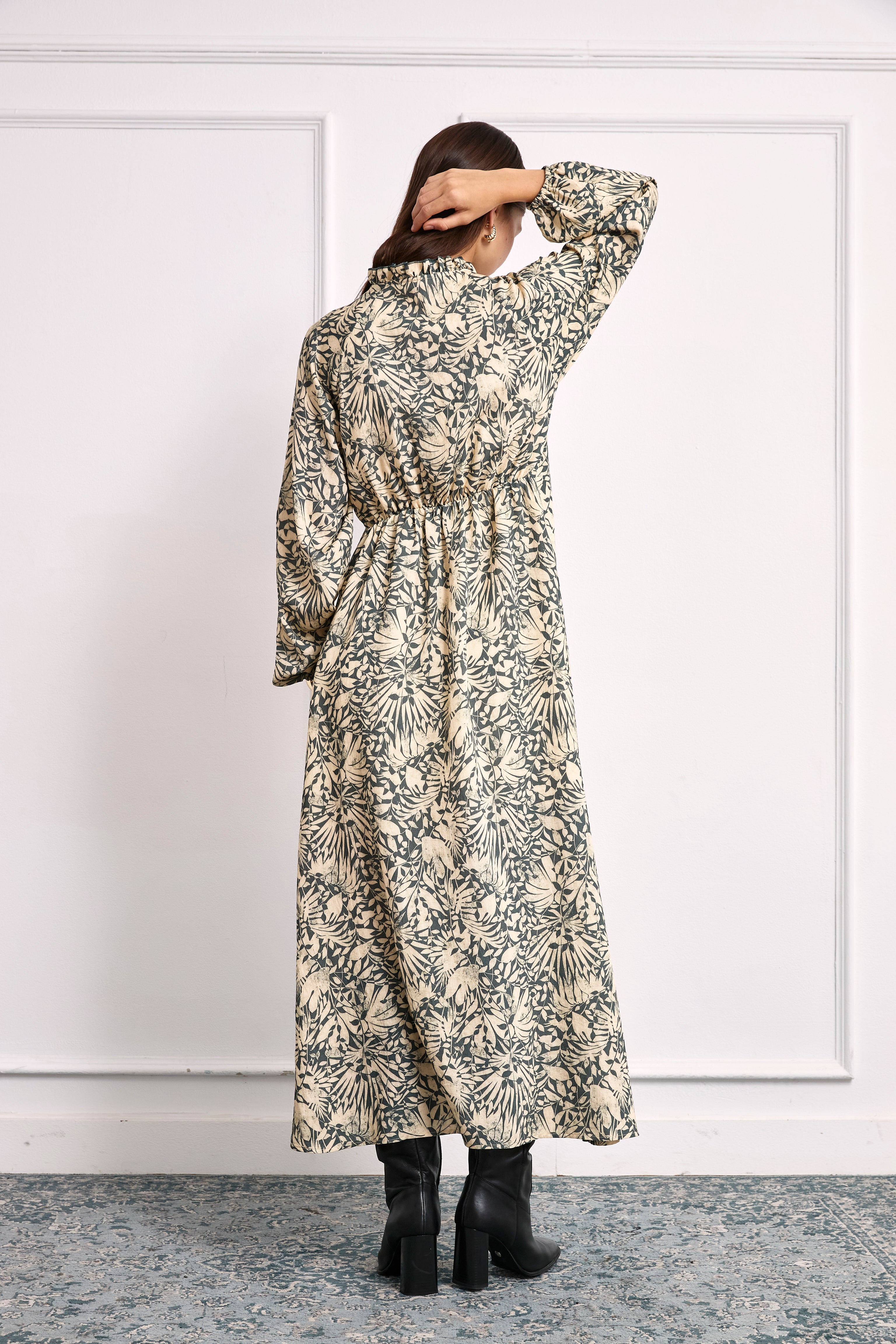 LONG BOTANICAL PRINT DRESS - GREEN