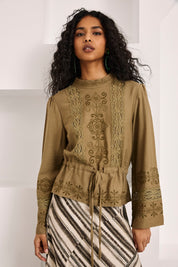 EMBROIDERED AND GUIPURE LACE BLOUSE - KHAKI - KHAKI