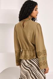 EMBROIDERED AND GUIPURE LACE BLOUSE - KHAKI - KHAKI