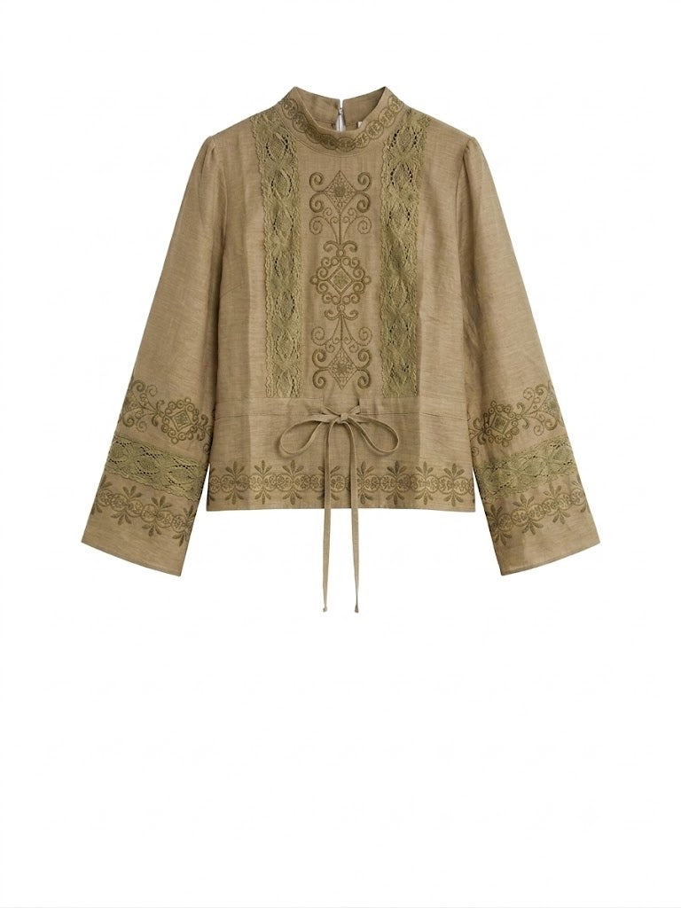 EMBROIDERED AND GUIPURE LACE BLOUSE - KHAKI - KHAKI