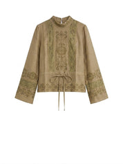 EMBROIDERED AND GUIPURE LACE BLOUSE - KHAKI - KHAKI