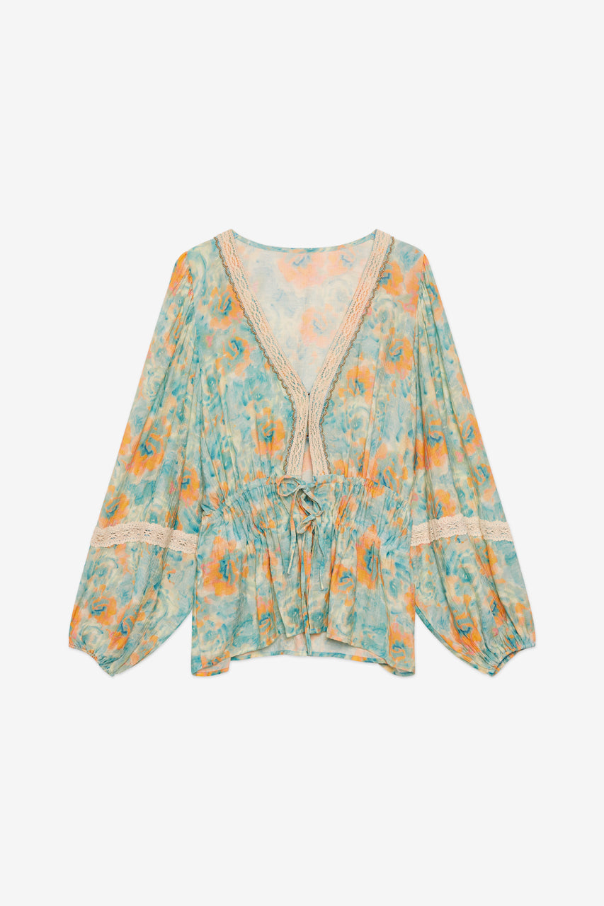 KIMONO ESTAMPADO CON BLONDAS - TURQUESA