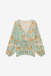 KIMONO ESTAMPADO CON BLONDAS - TURQUESA