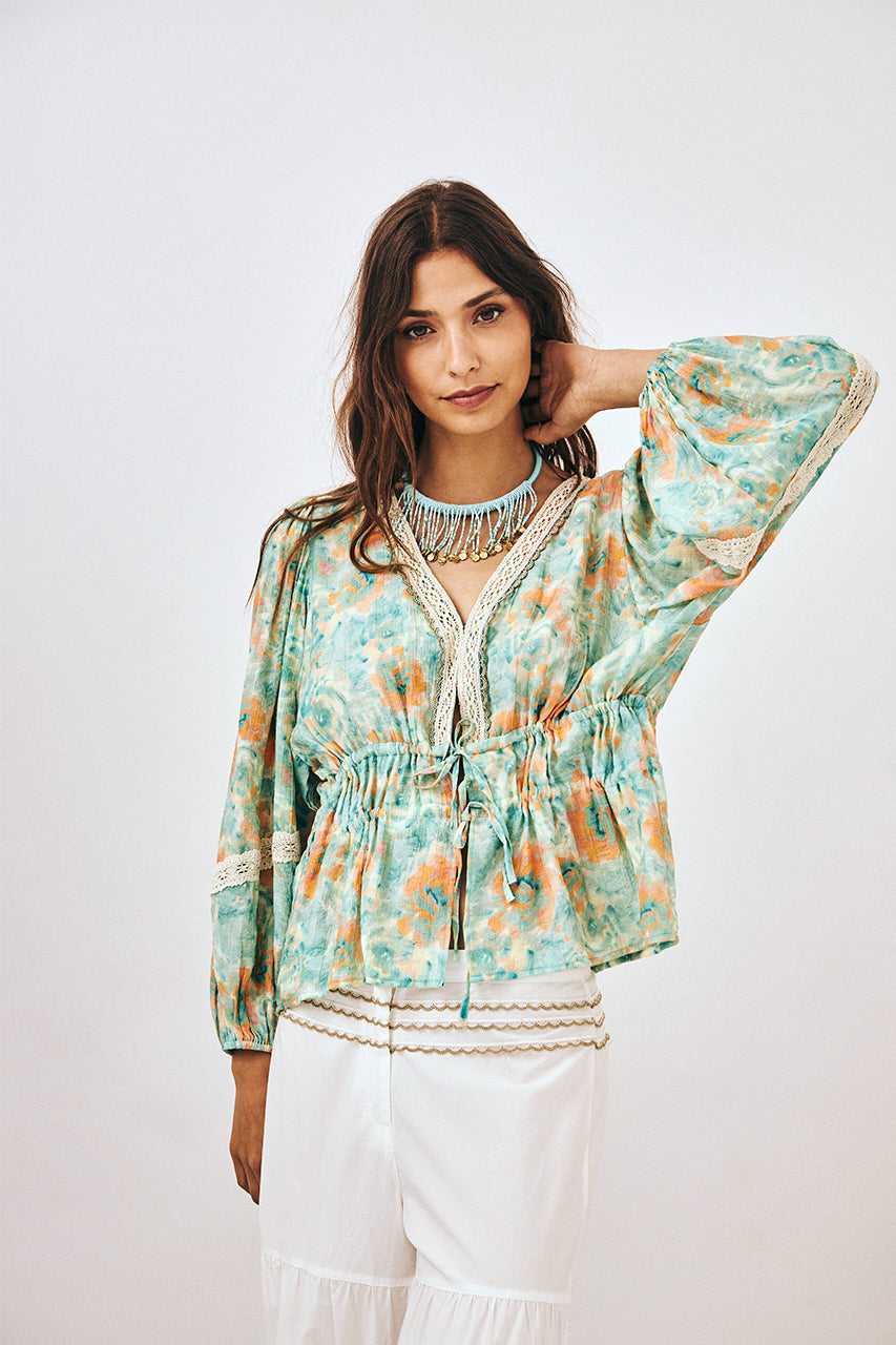 KIMONO ESTAMPADO CON BLONDAS - TURQUESA