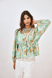 KIMONO ESTAMPADO CON BLONDAS - TURQUESA