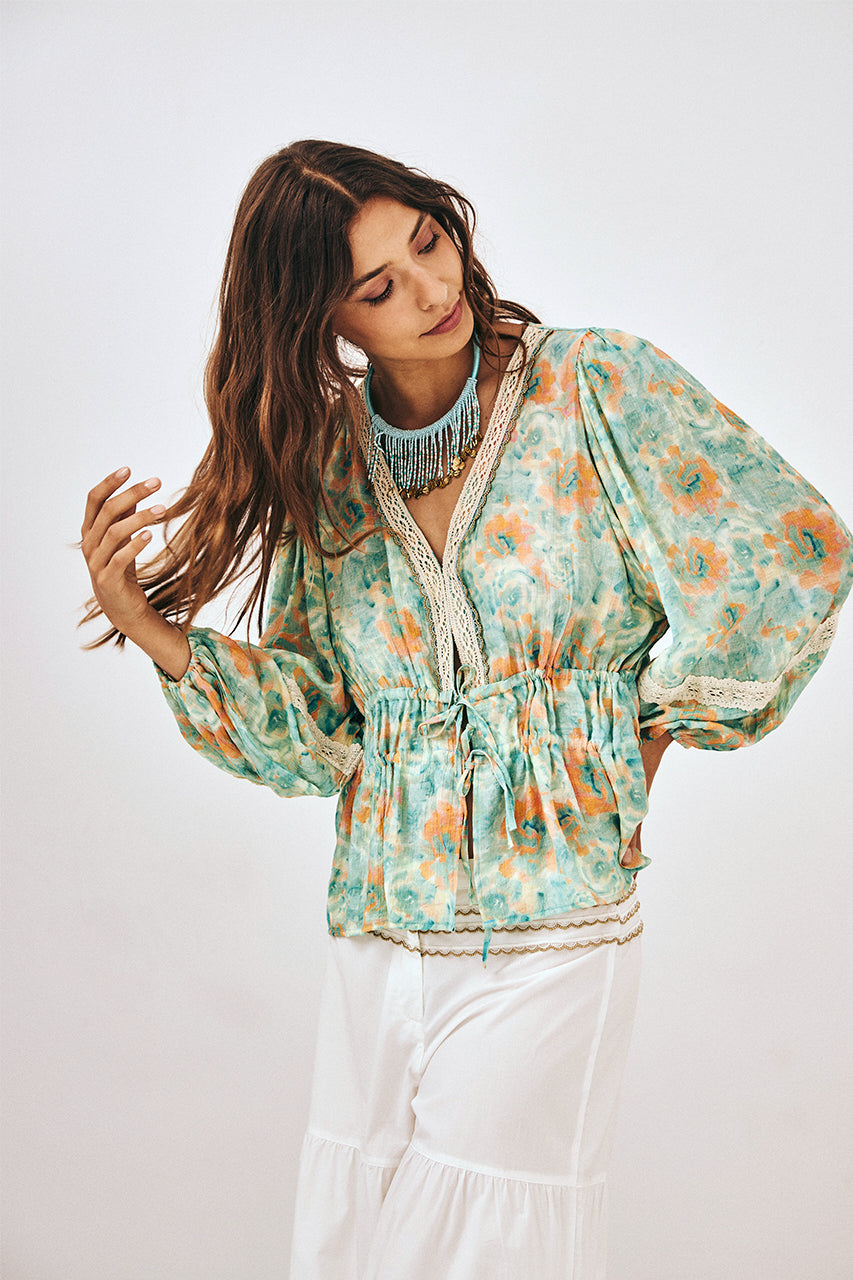 KIMONO ESTAMPADO CON BLONDAS - TURQUESA