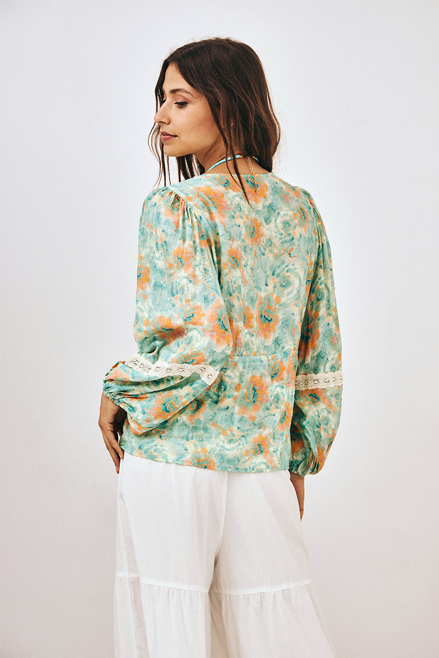 KIMONO ESTAMPADO CON BLONDAS - TURQUESA