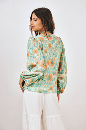 KIMONO ESTAMPADO CON BLONDAS - TURQUESA