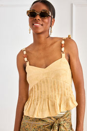 JACQUARD PLEATED TOP WITH JEWEL STRAPS - YELLOW