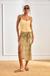 JACQUARD PLEATED TOP WITH JEWEL STRAPS - YELLOW