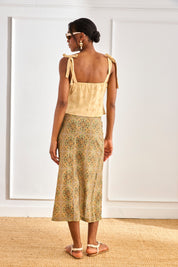 JACQUARD PLEATED TOP WITH JEWEL STRAPS - YELLOW