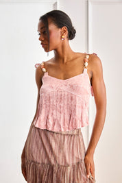 JACQUARD PLEATED TOP WITH JEWEL STRAPS - PINK