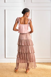 JACQUARD PLEATED TOP WITH JEWEL STRAPS - PINK