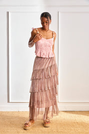 JACQUARD PLEATED TOP WITH JEWEL STRAPS - PINK