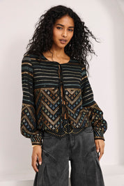 MULTICOLOR BORDER BLOUSE - BLACK - BLACK
