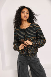 MULTICOLOR BORDER BLOUSE - BLACK - BLACK