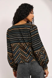 MULTICOLOR BORDER BLOUSE - BLACK - BLACK