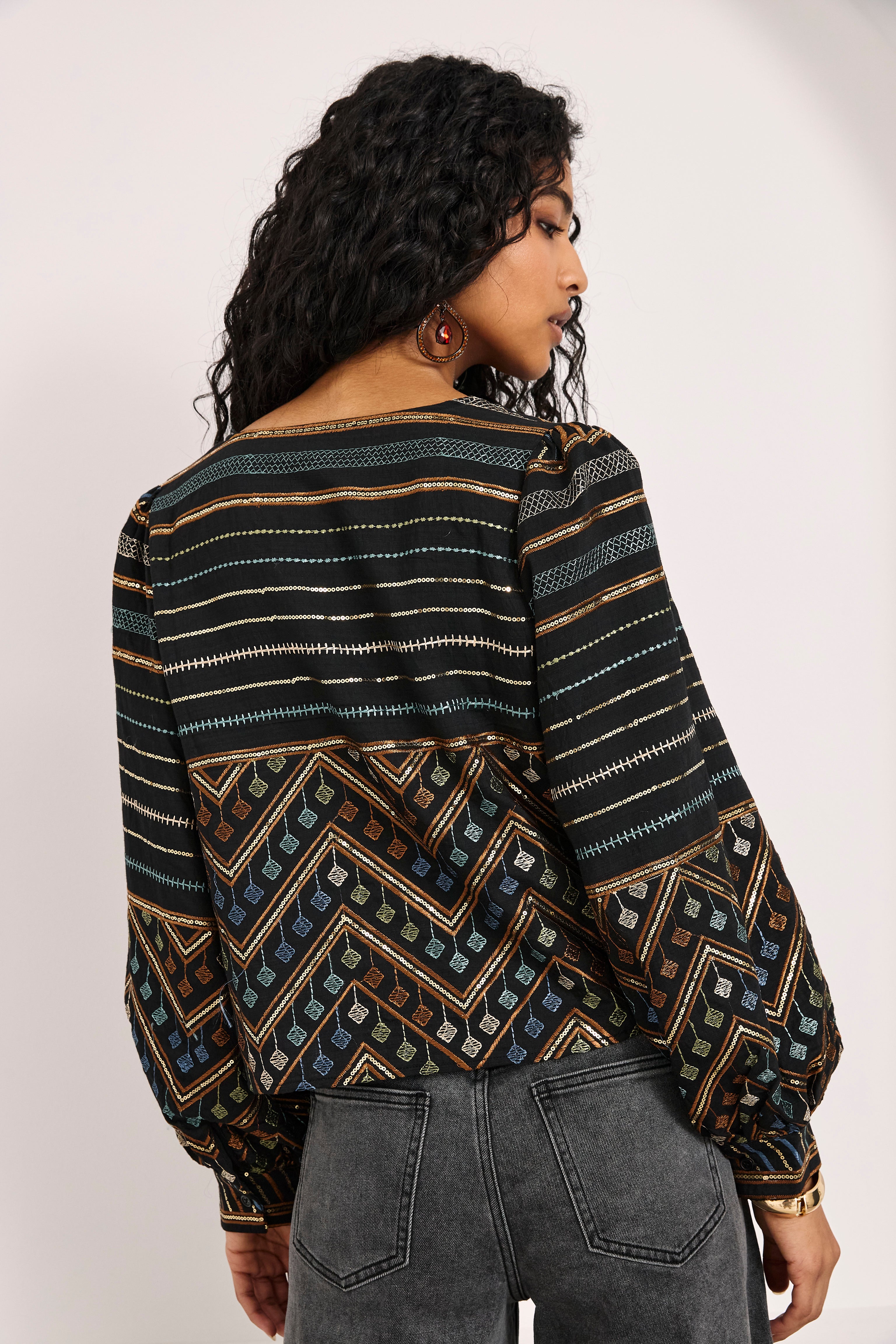 MULTICOLOR BORDER BLOUSE - BLACK - BLACK