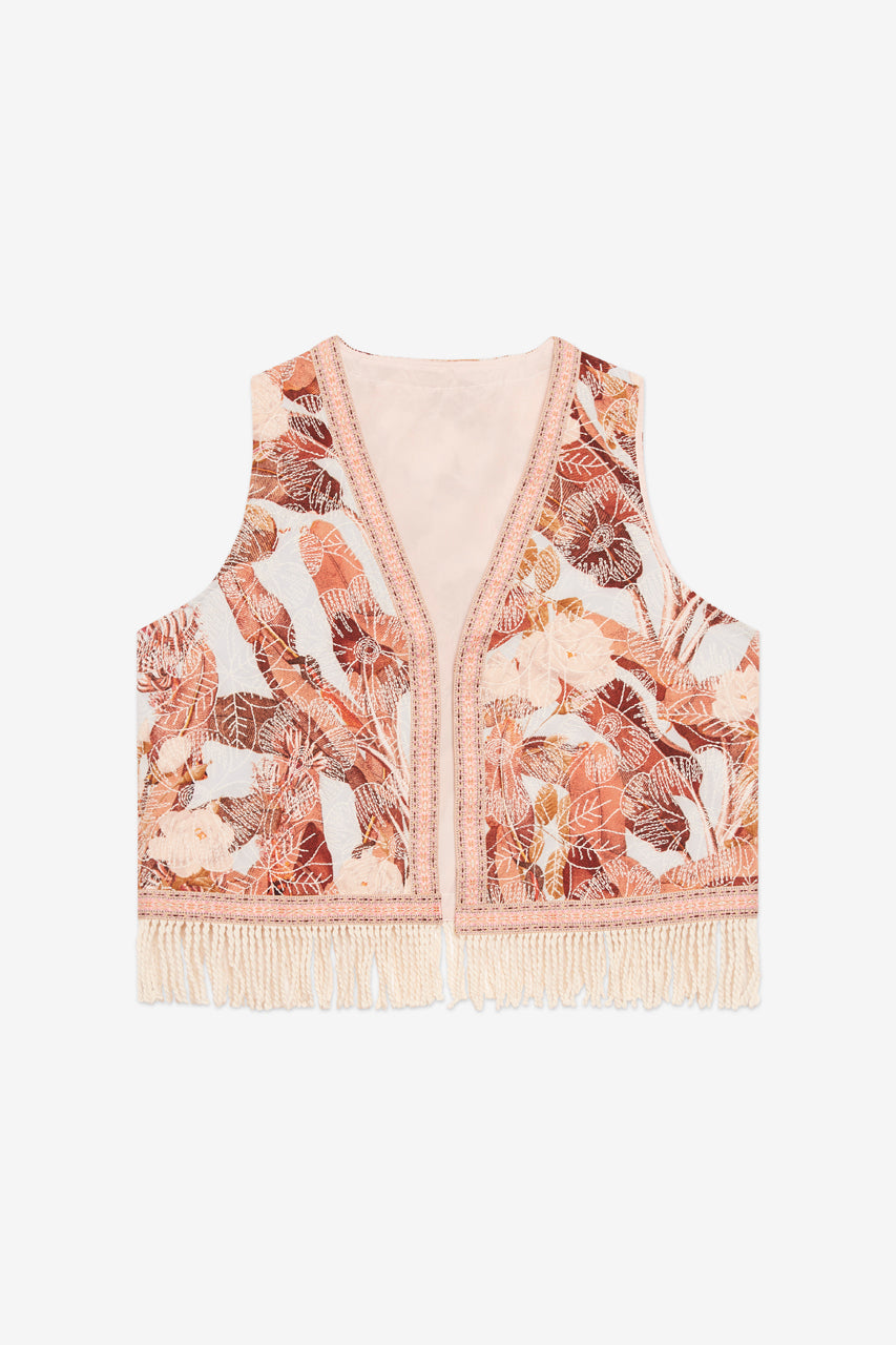 CHALECO ESTAMPADO BORDADO Y FLECOS - CRUDO