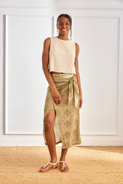 PRINTED PAREO SKIRT WITH EMBROIDERED WAISTBAND - KHAKI