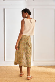 PRINTED PAREO SKIRT WITH EMBROIDERED WAISTBAND - KHAKI