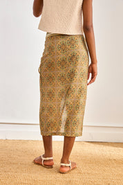 PRINTED PAREO SKIRT WITH EMBROIDERED WAISTBAND - KHAKI