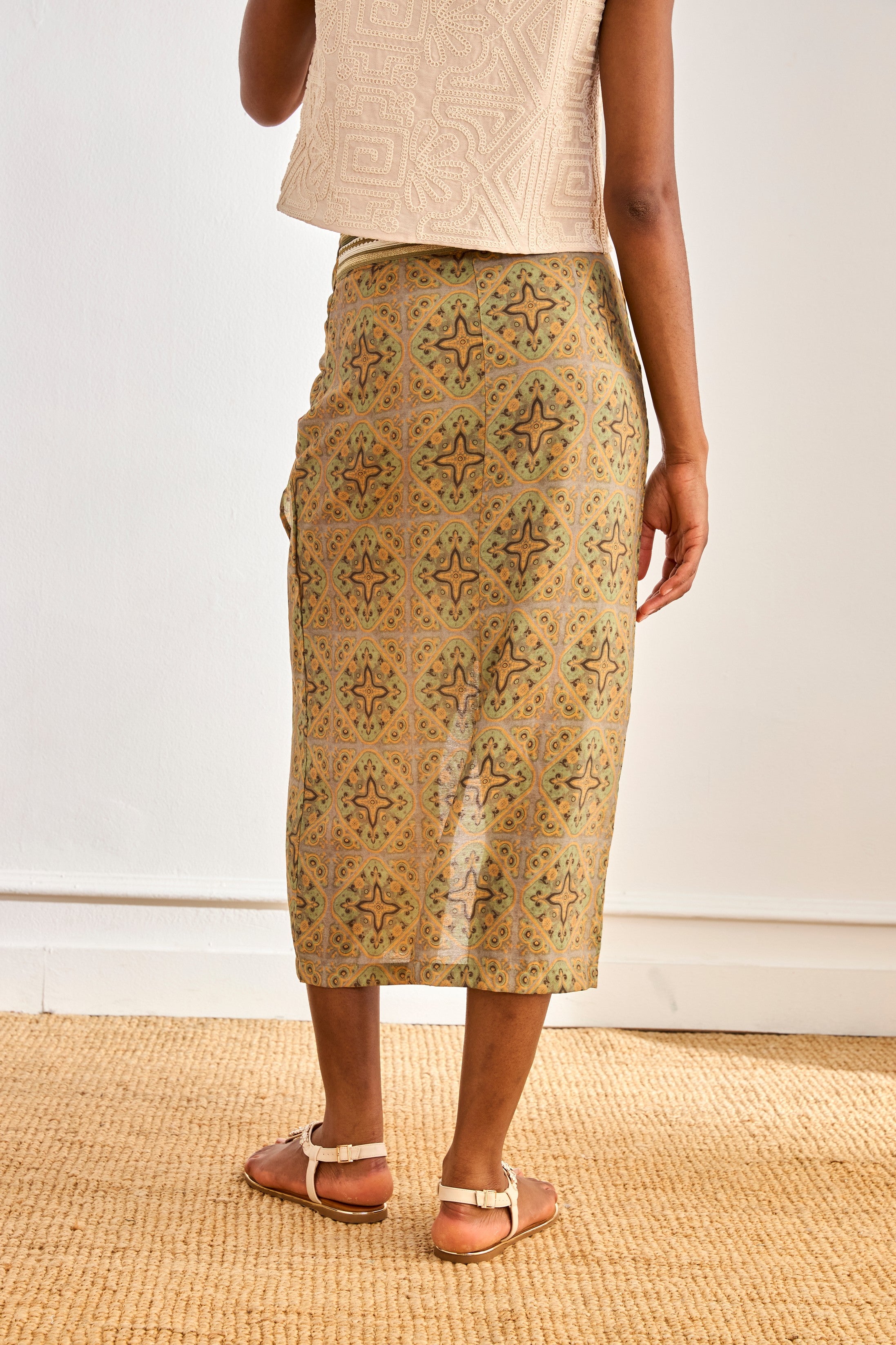 PRINTED PAREO SKIRT WITH EMBROIDERED WAISTBAND - KHAKI