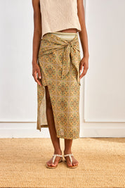PRINTED PAREO SKIRT WITH EMBROIDERED WAISTBAND - KHAKI