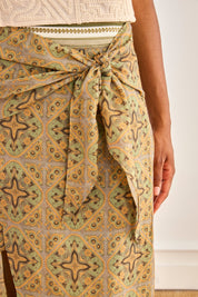 PRINTED PAREO SKIRT WITH EMBROIDERED WAISTBAND - KHAKI