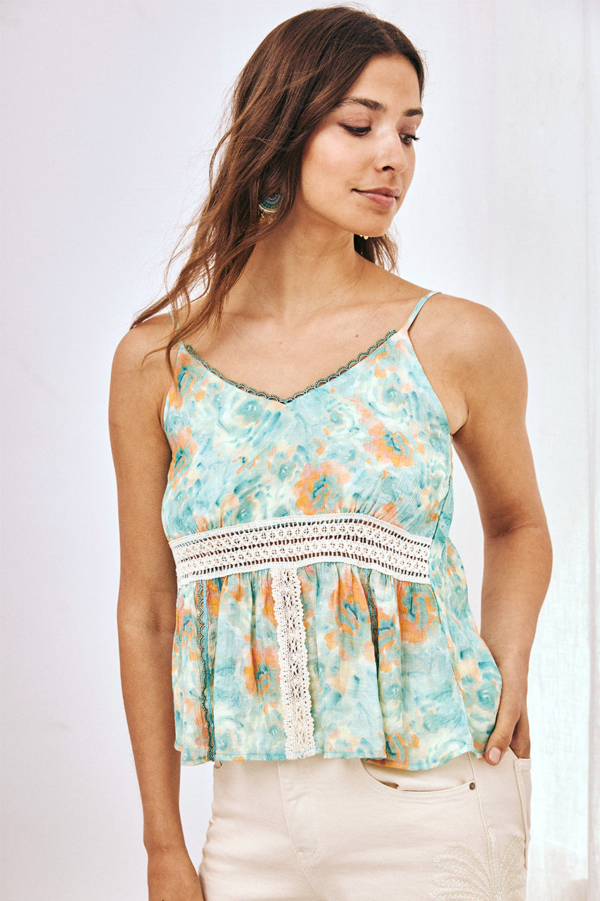 TOP ESTAMPADO CON BLONDAS - TURQUESA