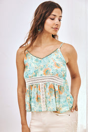 TOP ESTAMPADO CON BLONDAS - TURQUESA