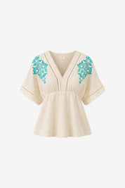 EMBROIDERED V-NECK BLOUSE - OFF-WHITE