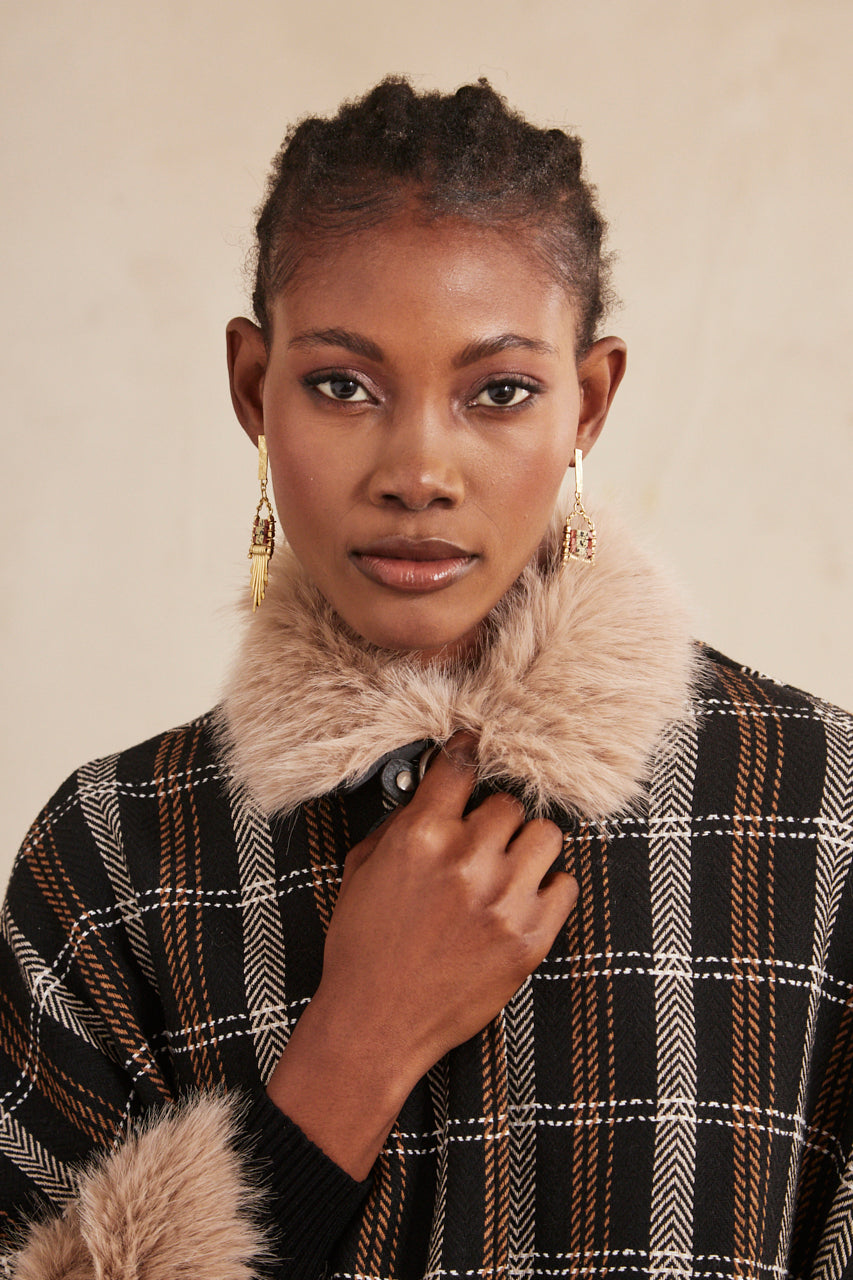 CAPE WITH FUR CUFFS AND COLLAR - BLACK