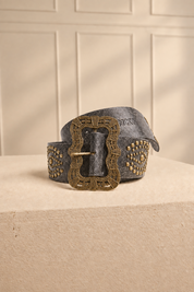 CRACKED LEATHER BELT FANCY BUCKLE - BLACK