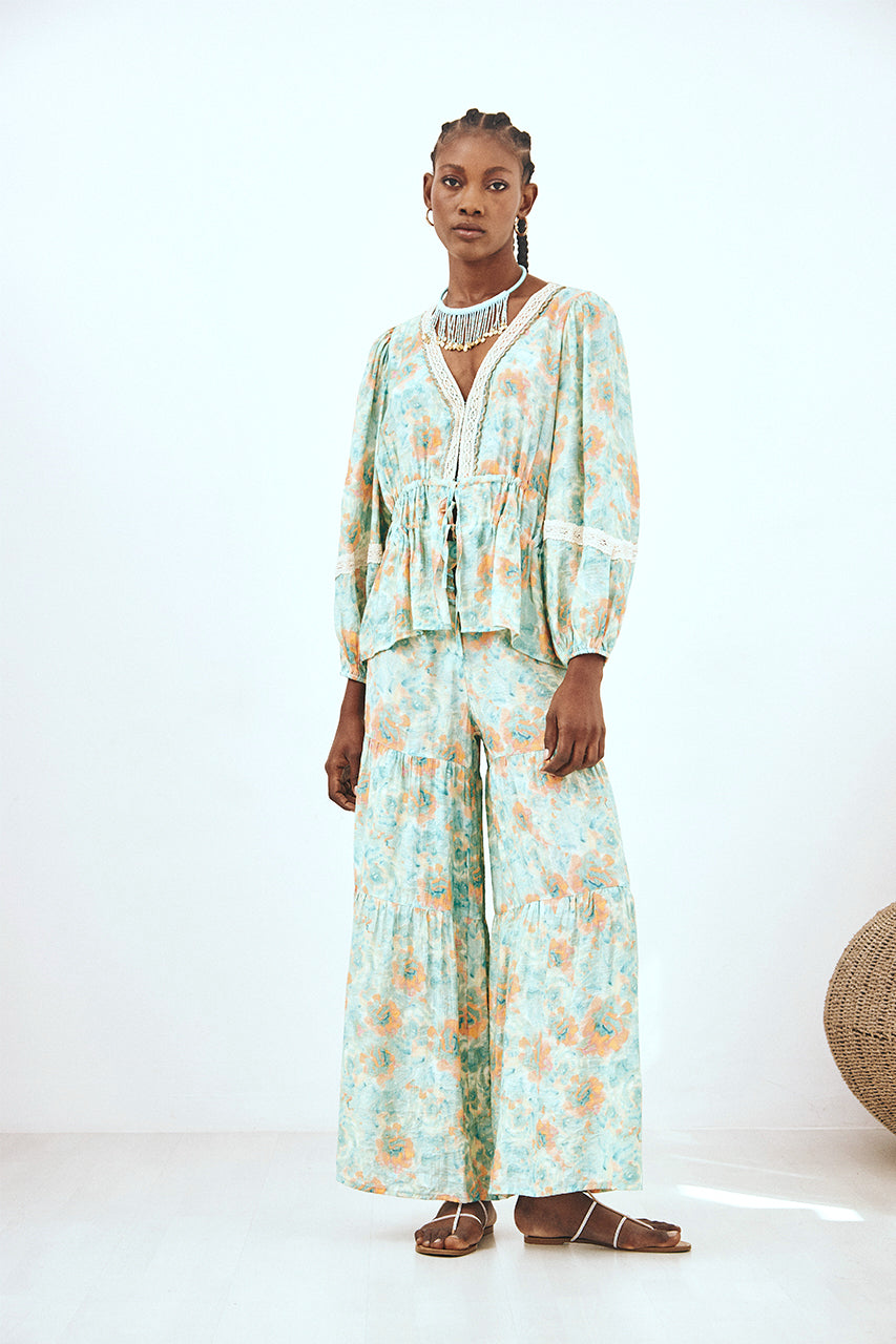 PRINTED TROUSERS WITH WAIST DETAIL - TURQUOISE